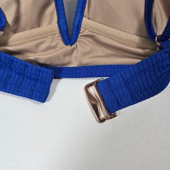 M Shade & Shore Blue V Ribbed Swim Top Bra Womens Size 36D Boning Removable Pads - Picture 6 of 10